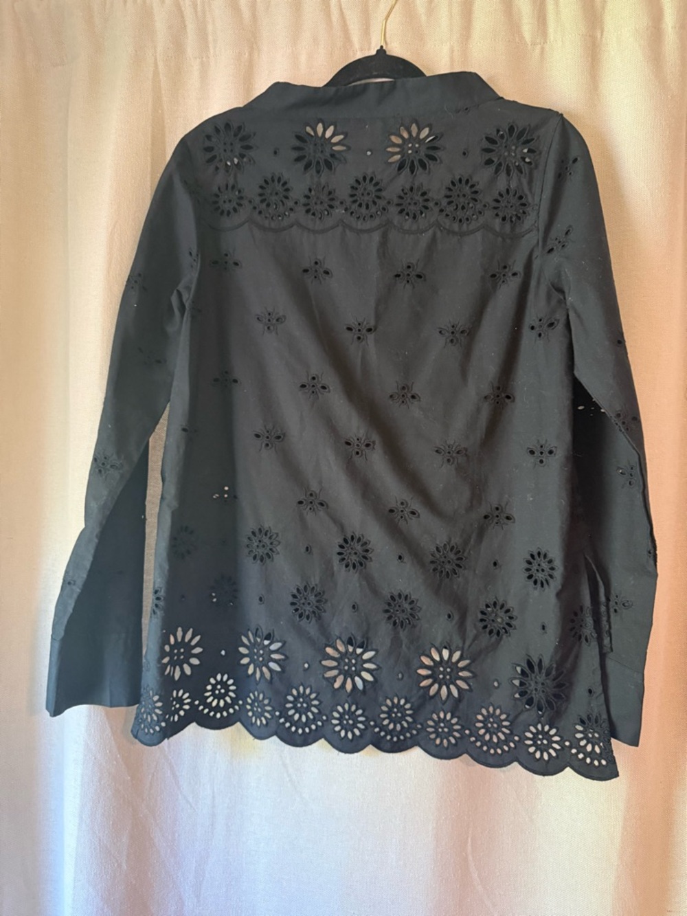J. Crew Black Eyelet Scalloped Hem Long-Sleeve Blouse - Picture 4 of 5